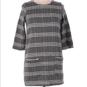 Zara black white plaid tweed pocket 3/4 sleeve preppy tunic top medium
